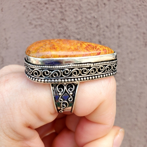 New Oversized Coral Fossil 925 Silver Statement Ring. - Picture 10 of 14